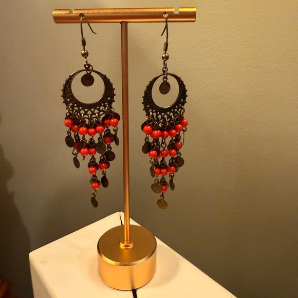 Vintage Y2K Banana Republic Bronze/Red Chandelier Earrings 3.5” drop - Picture 6 of 6